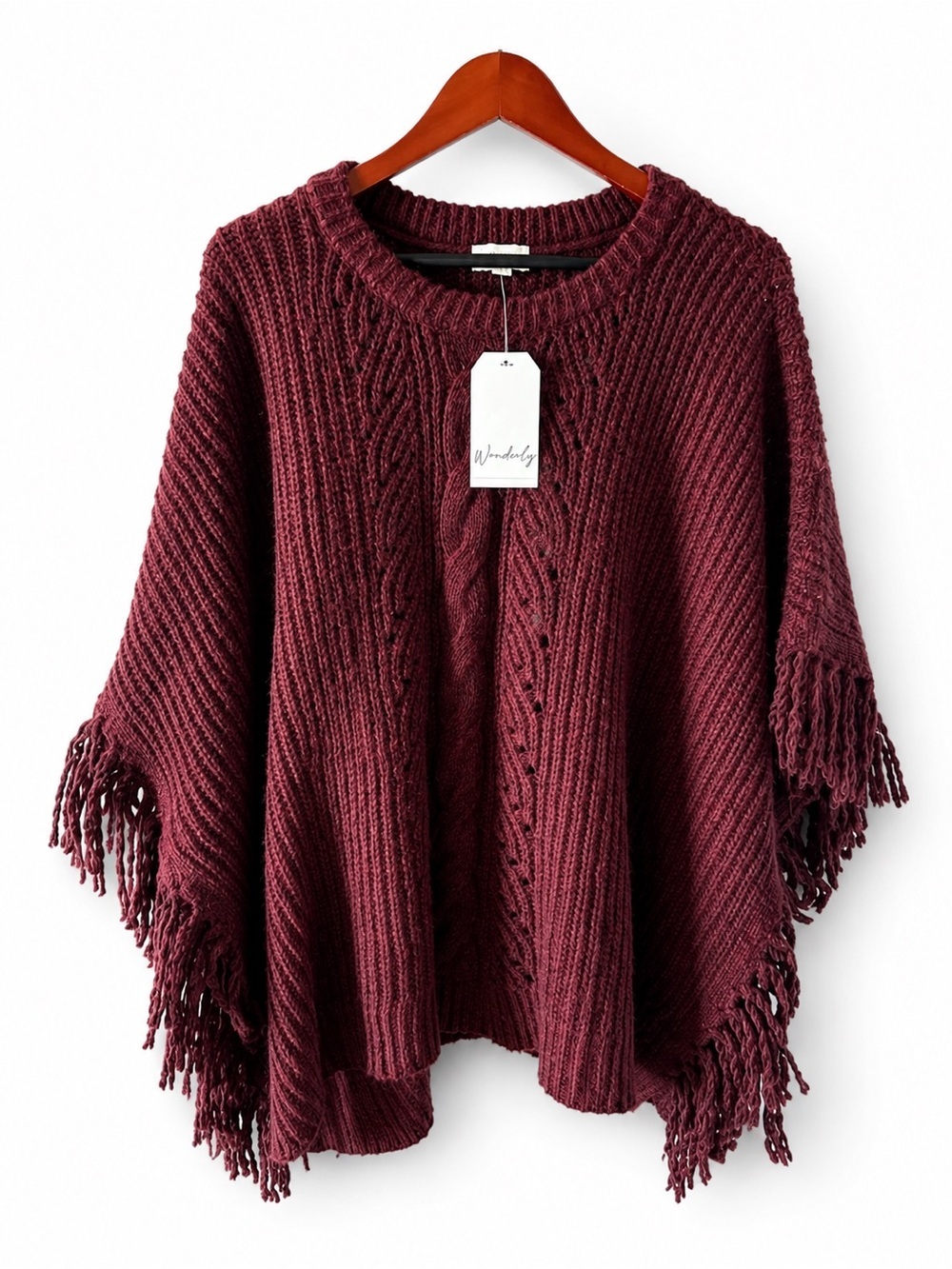 Wonderly Burgundy Cable Knit Fringe Poncho Sweater L/XL Cozy Fall